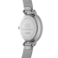 Back view of Petite Pressed Sterling women’s watch showing engraved case and silver mesh strap, Daniel Wellington branding.