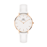 Daniel Wellington Petite Bondi Rose Gold watch with white leather strap and minimalist eggshell dial for women.