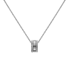 Stainless steel silver necklace with an intricate geometric ring pendant featuring engraved and textured detailing on a fine cable chain.