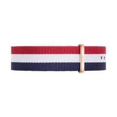 Classic Cambridge Rose Gold NATO strap in blue, white, and red polyester with a rose gold buckle.
