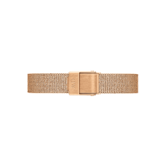 Rose gold mesh strap with adjustable clasp for Daniel Wellington Quadro Pressed Melrose ladies watch, minimalist design.