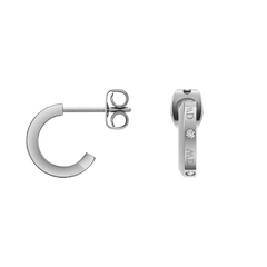 Classic Lumine Silver earrings featuring a polished stainless steel hoop design with sparkling crystals and subtle engraved detailing.