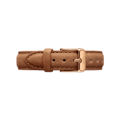Light brown genuine leather watch strap with visible stitching and a rose gold buckle engraved with the Daniel Wellington logo.