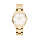 Daniel Wellington Iconic Link gold women’s watch with white dial, gold hour markers and polished stainless steel link bracelet.