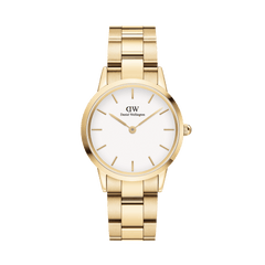 Daniel Wellington Iconic Link gold women’s watch with white dial, gold hour markers and polished stainless steel link bracelet.