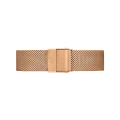 Rose gold mesh strap with secure clasp for Daniel Wellington Petite Melrose women’s watch, adjustable for a comfortable fit.
