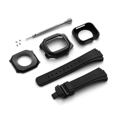Switch Black Black Daniel Wellington Apple Watch case kit displayed with all components, including the black stainless steel frame, FKM rubber straps, assembly tool, and additional fittings.