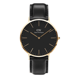 Classic Sheffield watch featuring a sleek black dial, minimalist gold-plated case, and a genuine black leather strap with gold buckle.