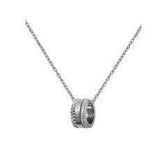 Polished silver Elevation Necklace with a geometric ring pendant featuring engraved and textured detailing on a fine cable chain.