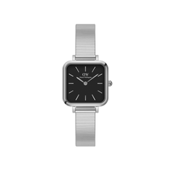 Silver square women’s watch with black dial, minimalist markers, and a sleek stainless steel piano link strap.