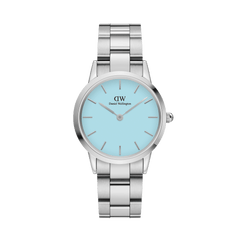 Daniel Wellington Iconic Link Capri Silver women’s watch with pastel blue dial and stainless steel bracelet, minimalist design.