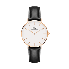 Petite Sheffield Rose Gold watch featuring a minimalist eggshell white dial, rose gold case, and a smooth black leather strap.