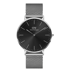 Classic Mesh Onyx watch featuring a black sunray dial, minimalist silver hour markers, and a polished stainless steel mesh strap.