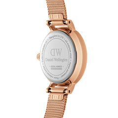 Rear view of the Petite Unitone rose gold women’s watch, showing the engraved stainless steel caseback and adjustable mesh strap.