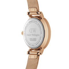 Back view of the Petite Pressed Melrose Black watch showing the engraved Daniel Wellington case and rose gold pressed mesh strap.