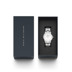 Daniel Wellington Iconic Link Silver watch with white dial in a gift box, perfect for special occasions or gifting.