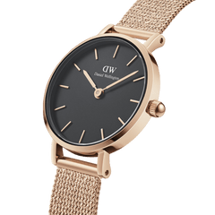 Petite Pressed Melrose Black women’s watch featuring a slim rose gold case, minimalist black dial, and an elegant pressed mesh bracelet.