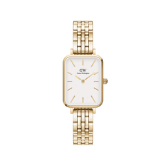 Elegant Quadro 5-Link Evergold women’s gold watch with rectangular case, eggshell white dial, and gold-plated bracelet.