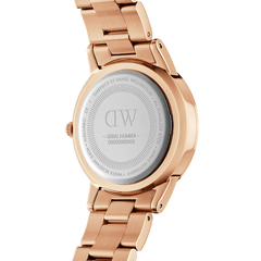 Back view of the Iconic Link Unitone Rose Gold women’s watch showing engraved caseback and rose gold stainless steel bracelet.
