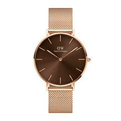 Daniel Wellington Petite Amber women’s watch with a minimalist amber brown dial, petite 28mm rose gold case, and an elegant mesh strap.