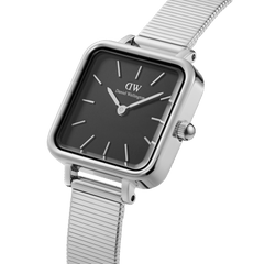 Quadro Studio Silver women’s watch with square silver case, black dial, and stainless steel piano link strap.