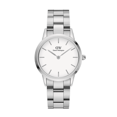 Daniel Wellington Iconic Link Silver watch with eggshell white dial and stainless steel bracelet, classic unisex design.