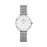 Petite Sterling women’s silver mesh watch with minimalist white dial and polished silver hour markers by Daniel Wellington.