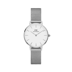 Petite Sterling women’s silver mesh watch with minimalist white dial and polished silver hour markers by Daniel Wellington.
