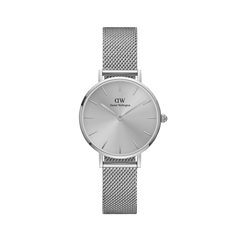 Daniel Wellington Petite Unitone Silver women’s watch with monochrome dial and fine stainless steel mesh strap.