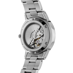 Exhibition case back of the Iconic Link Automatic watch showcasing the Japanese self-winding movement and stainless steel bracelet.