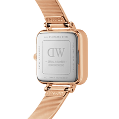 Back view of the Quadro Studio Black Rose Gold watch showing the engraved stainless steel case and rose gold Piano Link strap.