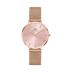 Elegant women's watch with a soft pink dial, minimalist markers, and a refined rose gold mesh strap.