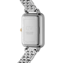 Quadro Lumine 5-link two-tone watch caseback showing stainless steel, water resistance, and Japanese movement details.