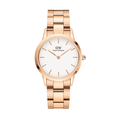 Rose gold Daniel Wellington Iconic Link watch with a polished stainless steel three-piece bracelet and minimalist eggshell white dial.