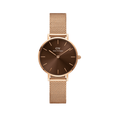 Petite Amber women’s watch featuring a 28mm rose gold case, sunray amber brown dial, and a polished rose gold mesh strap.