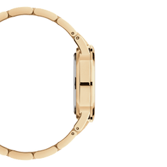 Side profile of Daniel Wellington Iconic Link gold ladies watch with slim case and polished gold stainless steel bracelet.