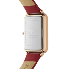 Back view of the Quadro Pressed Suffolk watch showing the engraved stainless steel case, rose gold detailing, and cherry blush red pressed leather strap.