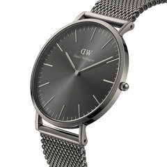Classic Mesh Graphite watch with a sunray graphite dial, minimalist hour markers, and a refined graphite grey mesh strap in a polished stainless steel case.