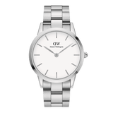 Daniel Wellington Iconic Link Silver watch featuring an eggshell white dial and polished stainless steel bracelet, unisex style.