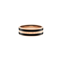 Rose gold Emalie Ring with a black enamel inlay and Daniel Wellington engraving, shown in a sleek minimalist band style.