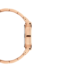 Side profile of the Daniel Wellington Iconic Link Rose Gold watch showing the slim rose gold case and three-piece stainless steel bracelet.