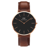 Classic St Mawes watch featuring a minimalist black dial, slim rose gold case, and a brown genuine leather strap.