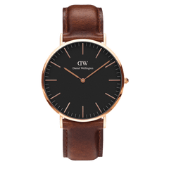 Classic St Mawes watch featuring a minimalist black dial, slim rose gold case, and a brown genuine leather strap.