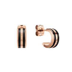 Pair of small hoop earrings in polished rose gold with a central black enamel stripe and Daniel Wellington engraving.