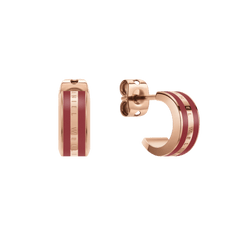 Rose gold hoop earrings with a cherry blush enamel inlay and subtle Daniel Wellington branding, featuring a polished finish and secure stud fastening.