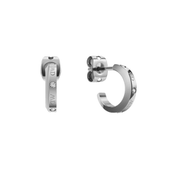 Polished silver hoop earrings with sparkling crystals and subtle logotype engraving, crafted from stainless steel for a refined and timeless look.