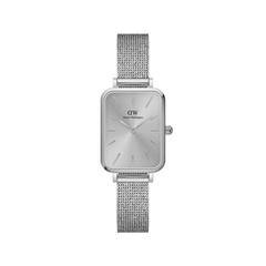 Quadro Pressed Unitone Silver ladies watch with rectangular dial and silver mesh strap, minimalist stainless steel design.