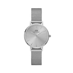 Daniel Wellington Petite Unitone Silver women’s watch with sleek silver mesh strap and minimalist monochrome dial.