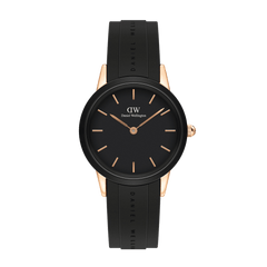 Daniel Wellington Iconic Motion Rose Gold women’s watch with black dial, rose gold markers, and black rubber strap.