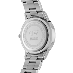 Back view of Daniel Wellington Iconic Link Silver watch showing engraved stainless steel case and link bracelet.